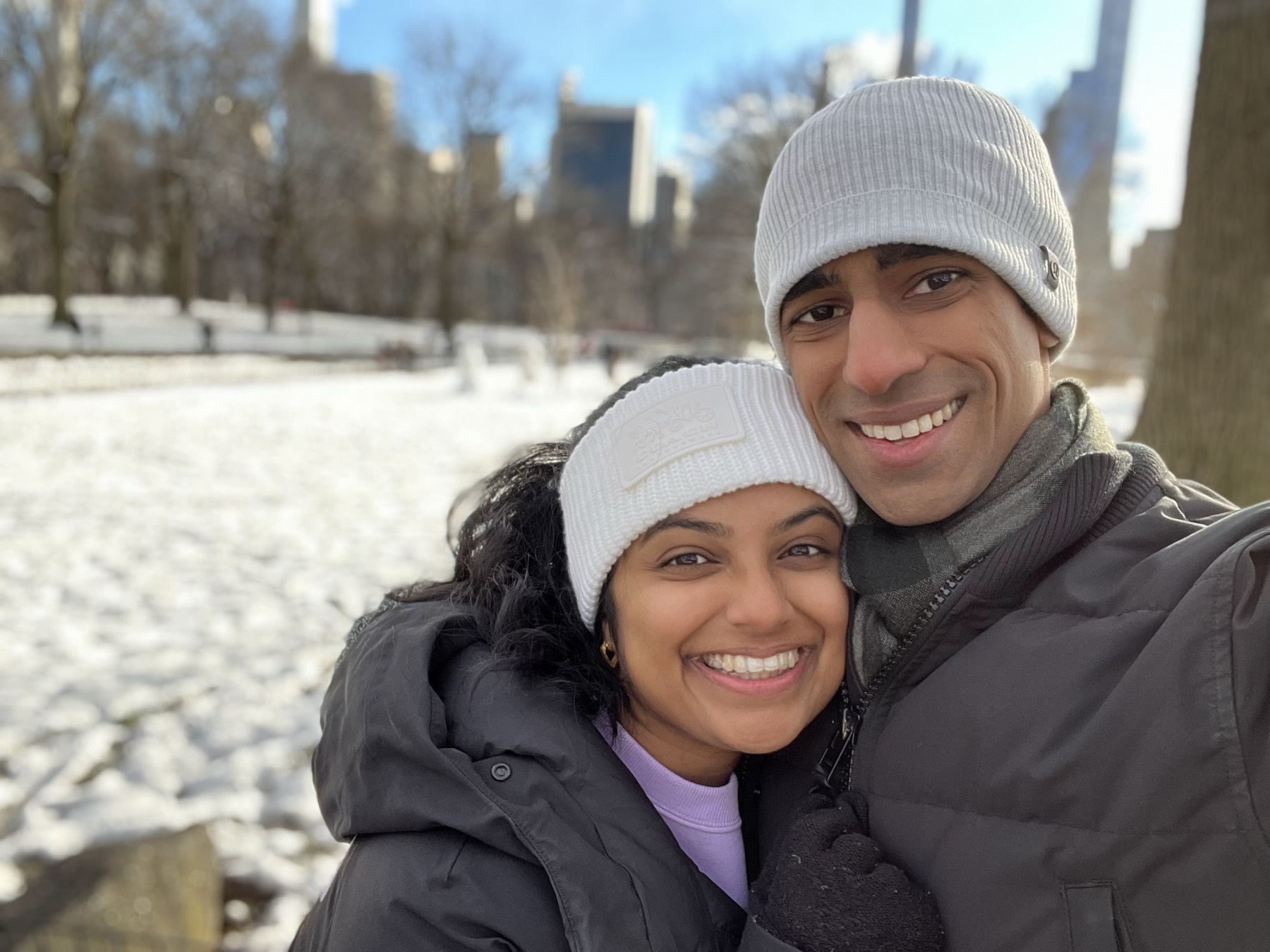 Manu and Nikhil out in the snow in New York