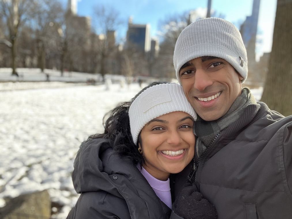 Manu and Nikhil out in the snow in New York