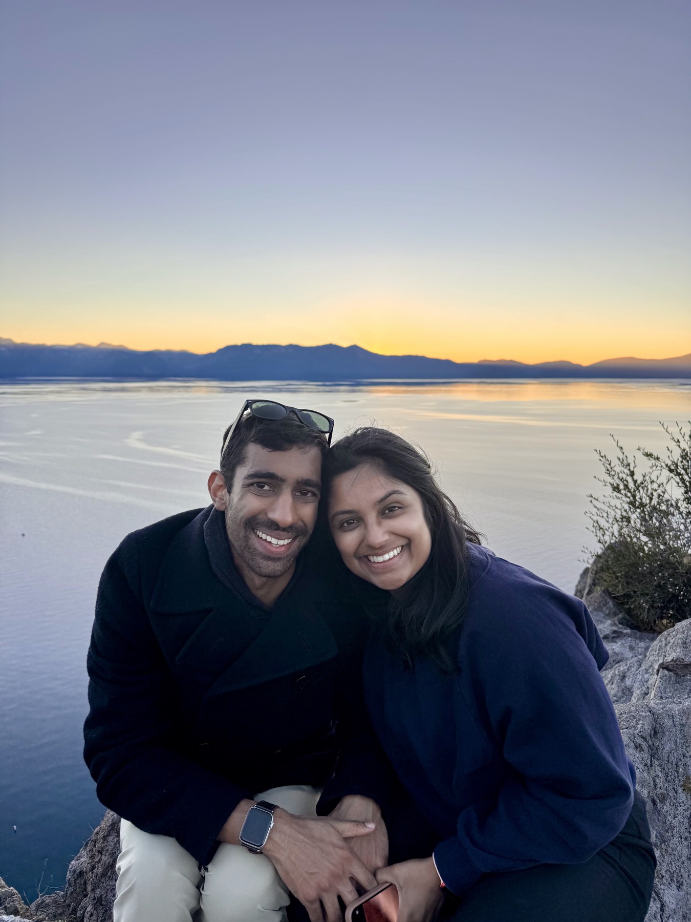 Sitting together above Lake Tahoe at sunset